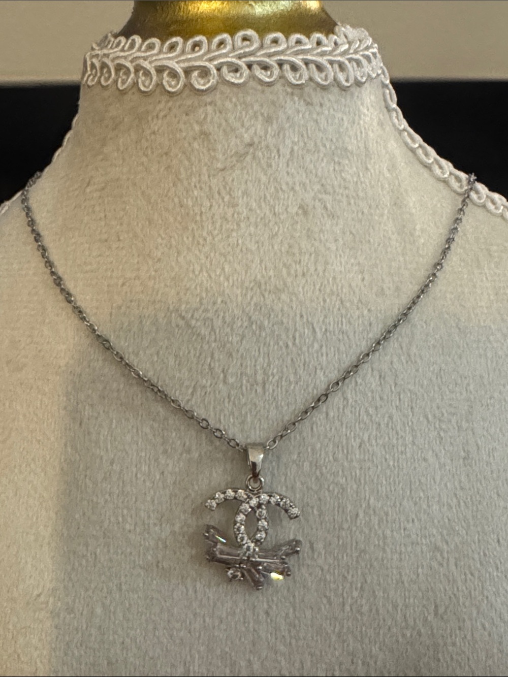 Crystal Interlocking CC Pendant Necklace - Silver